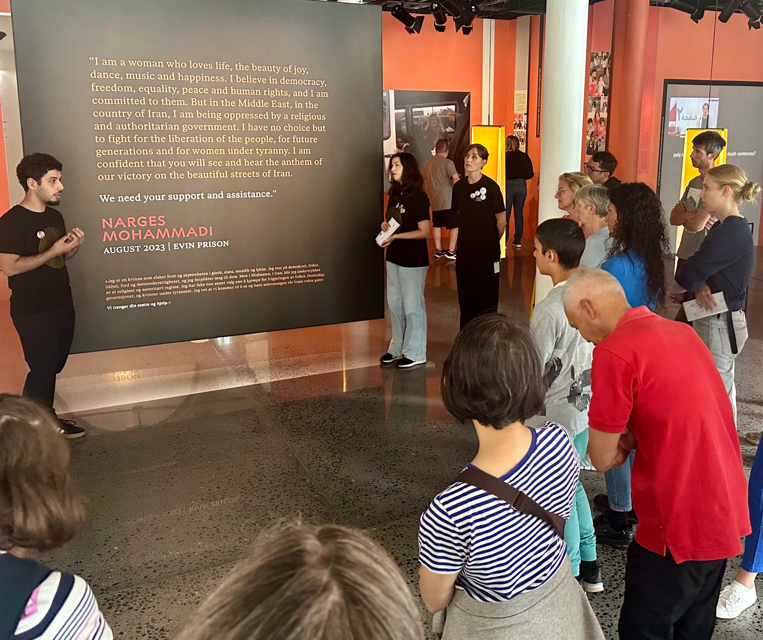 Ali and Kiana Rahmani, the children of 2023 Nobel Peace Prize Laureate Narges Mohammadi, today embarked on their inaugural tour as guides at the "Woman, Life, Freedom" Exhibition at the Nobel Peace Center in Oslo.