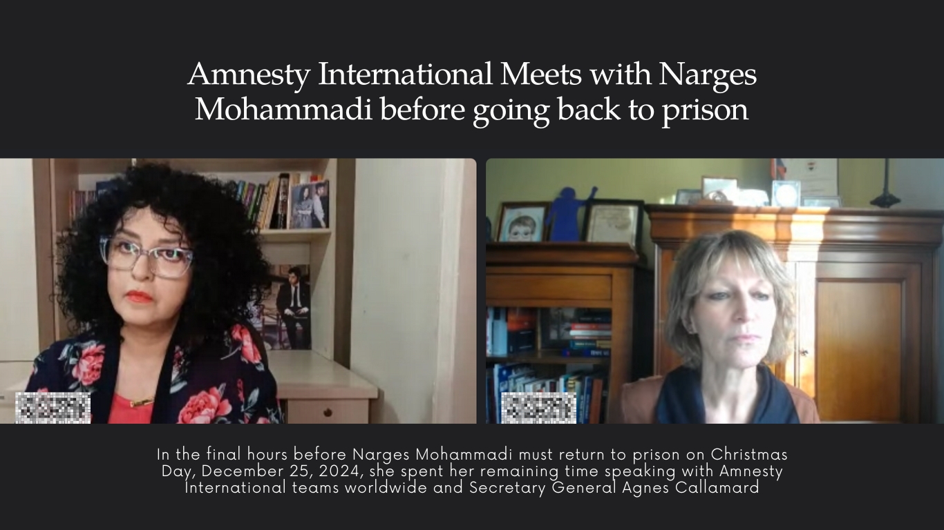 In the final hours before Narges Mohammadi must return to prison on Christmas Day, December 25, 2024, she spent her remaining time speaking with Amnesty International teams worldwide and Secretary General Agnes Callamard