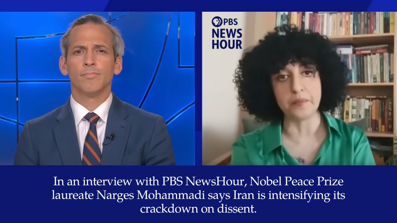 In an interview with PBS NewsHour, Nobel Peace Prize laureate Narges Mohammadi says Iran is intensifying its crackdown on dissent.